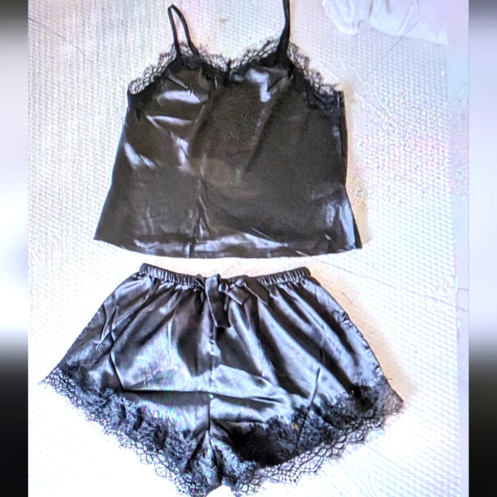 New Black Satin Lace Sleep Shorts Set Women’s M